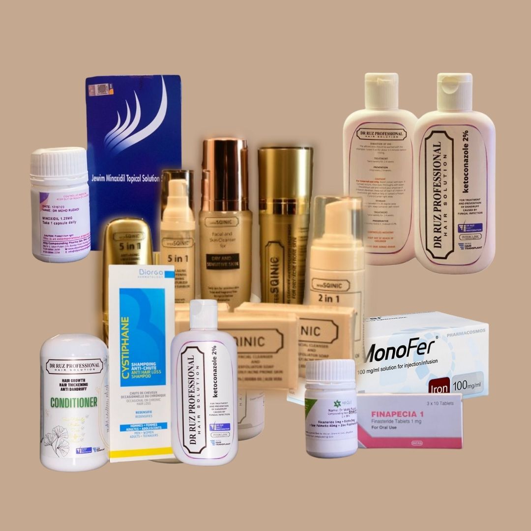 Dr. Ruz’s medical hair restoration treatments including oral medication, scalp sprays, shampoos, conditioners, and IV iron therapy for hair loss patients