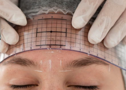 A woman consulting with a specialist during a medically planned eyebrow transplant procedure, discussing eyebrow design and treatment plan.
