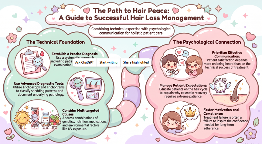 Infographic about hair loss management at a hair transplant clinic in Malaysia, covering precise diagnosis, advanced diagnostic tools, targeted treatment and patient communication.