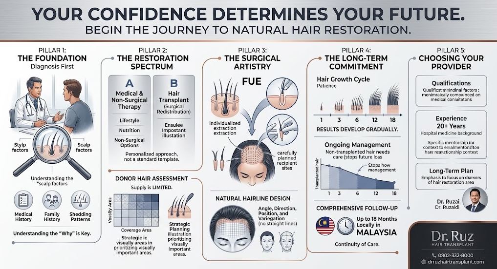 A premium, multi-section infographic illustrating the comprehensive approach to hair restoration at Dr. Ruz Hair Transplant. It covers diagnosis, the difference between medical therapy and surgical transplantation (FUE), donor hair assessment, natural hairline design, and a long-term care roadmap including growth timelines and local follow-up in Malaysia. The style is sophisticated, blending minimalist design with elegant connecting lines and impactful headers.