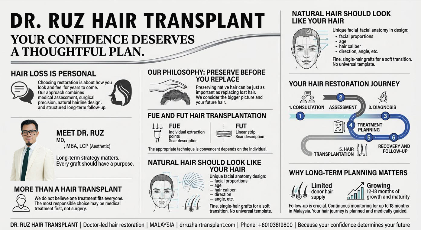 A three-column infographic for Dr. Ruz Hair Transplant outlining their medical-first philosophy, a comparison of FUE and FUT surgical techniques, natural hairline design factors, a 6-step restoration journey, and the importance of long-term planning for hair loss.