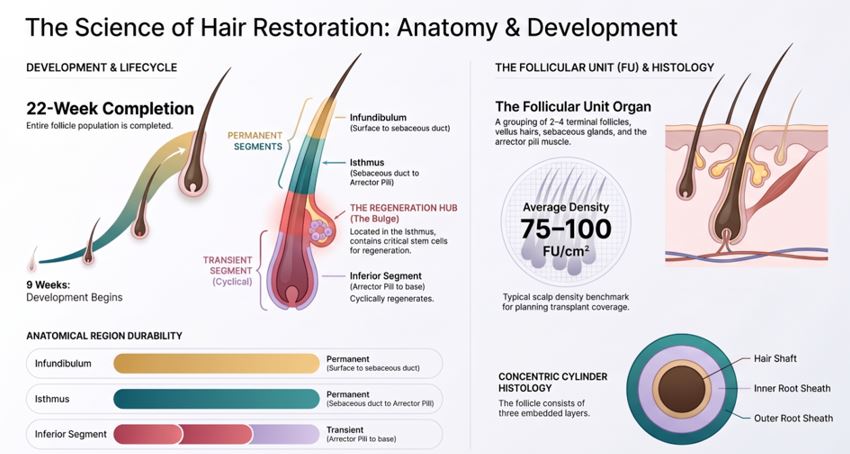 Infographic explaining hair follicle anatomy and development, including the 22-week hair growth lifecycle, follicular unit structure, histology and scalp density for hair restoration planning.