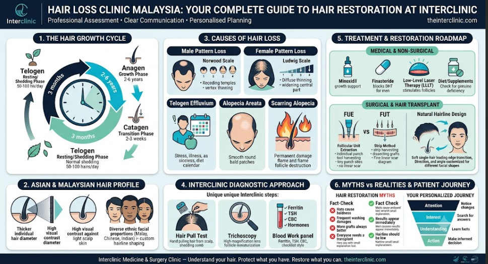 Hair restoration Malaysia complete guide showing hair loss causes, diagnosis, treatments and hair transplant options at Interclinic