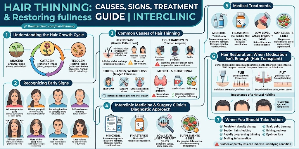 Infographic explaining hair thinning causes, early signs, growth cycles, and medical treatments including Minoxidil, Finasteride, and FUE hair transplants at a Malaysia hair loss clinic.