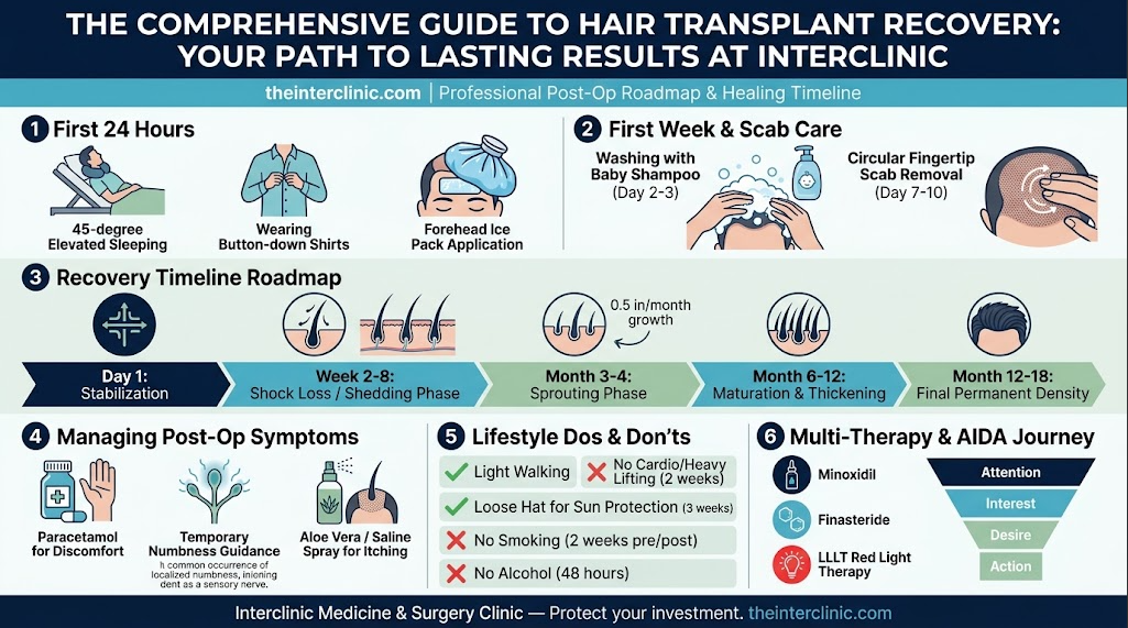 Hair loss specialist Malaysia explaining hair transplant recovery timeline, post-operative care, symptoms, lifestyle advice and treatment at Interclinic