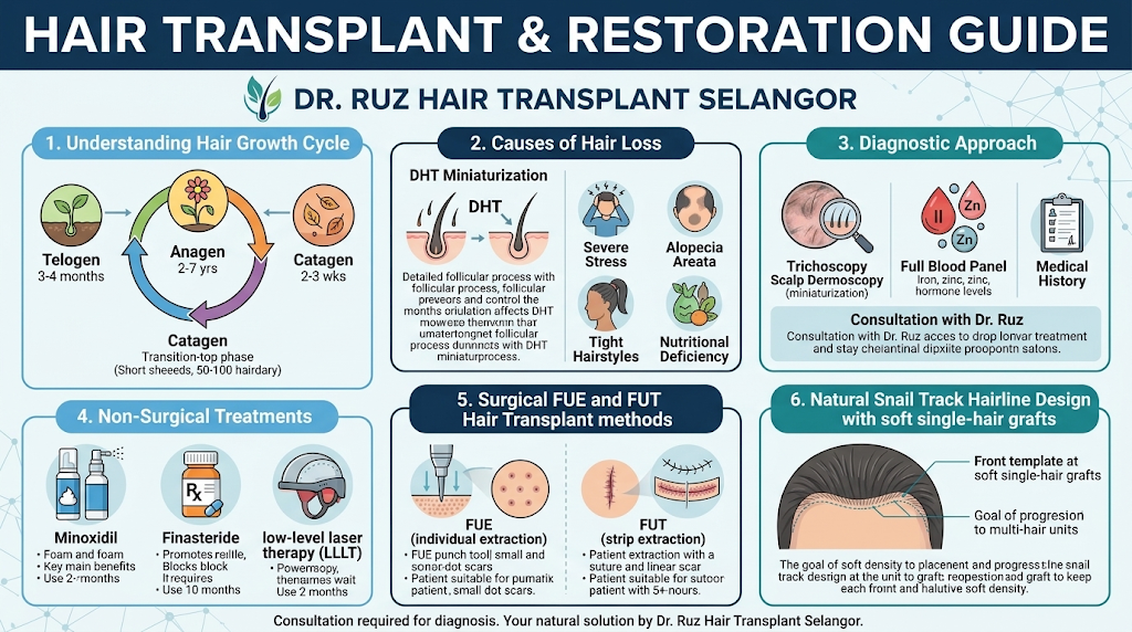 Infographic guide for hair transplant in Selangor by Dr. Ruz Hair Transplant, detailing hair growth cycles, causes of loss, diagnostic steps, FUE and FUT procedures, and hairline design.