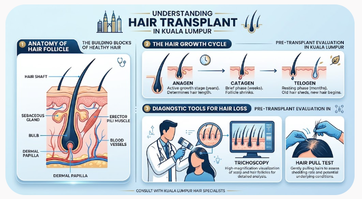 Infographic showing hair follicle anatomy dermal papilla hair growth cycle stages Anagen Catagen Telogen and hair loss diagnostic tools in Kuala Lumpur.