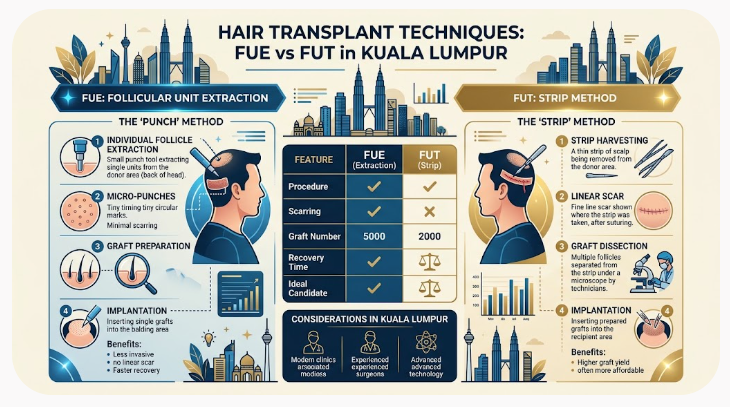 FUE vs FUT hair transplant procedure comparison infographic showing micro punch extraction linear scar strip harvesting and graft preparation in Kuala Lumpur.