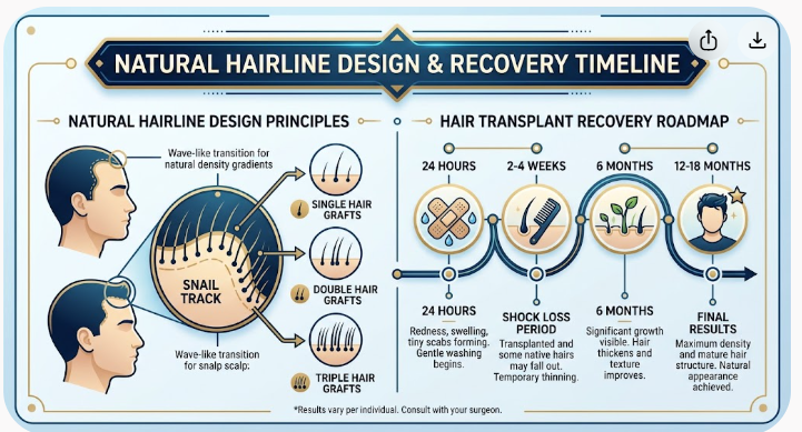 Infographic illustrating Snail Track natural hairline design graft placement and post-hair transplant recovery roadmap from 24 hours to 18 months.