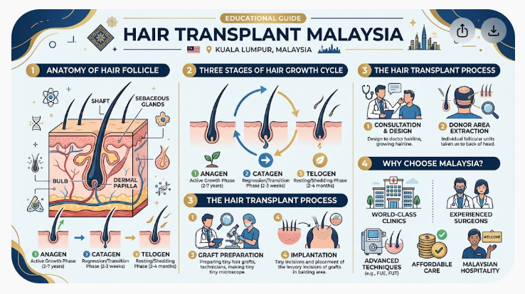 Hair growth cycle infographic showing anagen catagen and telogen phases with hair follicle bulb and dermal papilla diagram in Hair Transplant Malaysia.