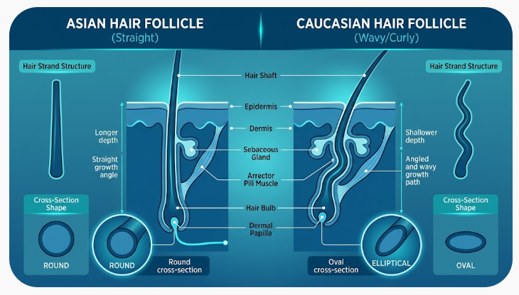 Anatomical side-by-side comparison diagram illustrating structural differences between Asian and Caucasian hair follicles for FUE extraction planning.