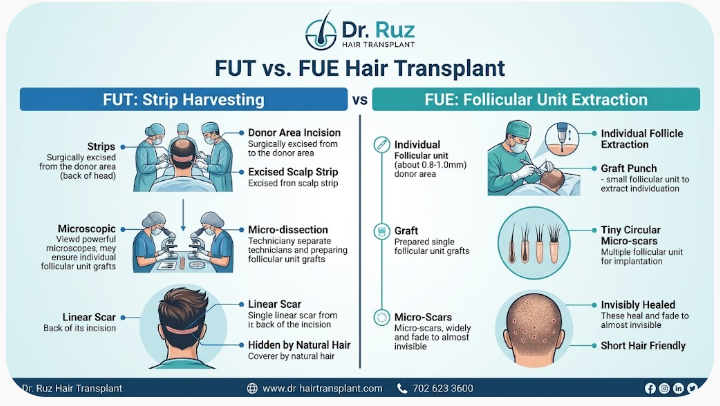 Side-by-side comparison infographic of FUT strip harvesting and FUE individual punch extraction techniques at Dr. Ruz Hair Transplant.