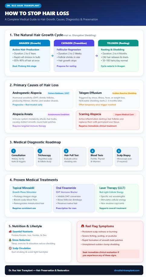 Infographic explaining how to stop hair loss featuring the hair growth cycle, root causes like DHT, 5 diagnostic steps, and treatments including Minoxidil and Finasteride by Dr. Ruz Hair Transplant.